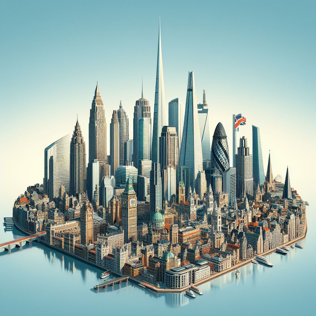Create a highly detailed image consisting of a mashup of iconic buildings from 10 different key cities around the world. Include buildings like the Burj Khalifa, the Shard in London, Empire State building in New York, and other globally recognized iconic buildings. Each iconic building should be in-line with the others so they form a row from left to right of buildings with the tallest buildings in the middle. The time of the day should be mid-day on a bright sunny day. The style of the picture should be hyper-realistic.