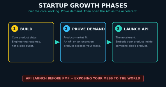 Diagram of three startup growth phases: build the core product, prove demand, then launch the API as the accelerant